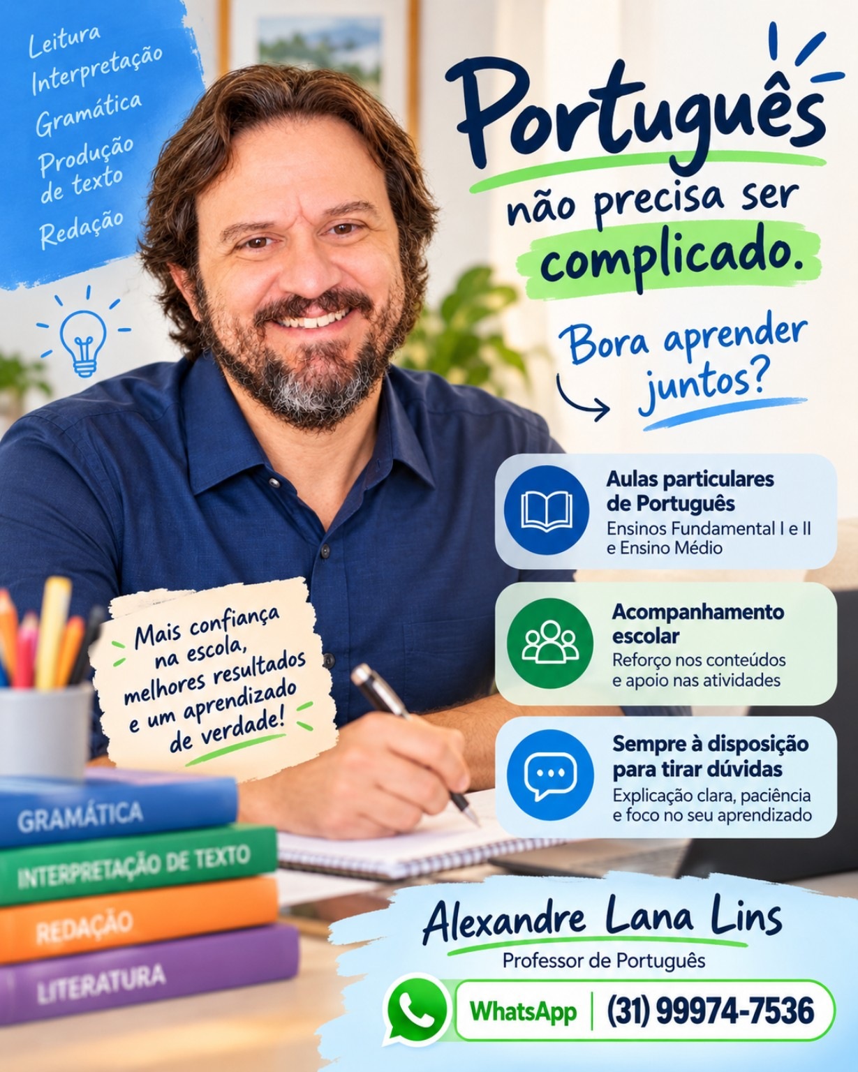 Cartaz do professor Alexandre Lana Lins divulgando aulas particulares de Português, acompanhamento escolar e contato pelo WhatsApp