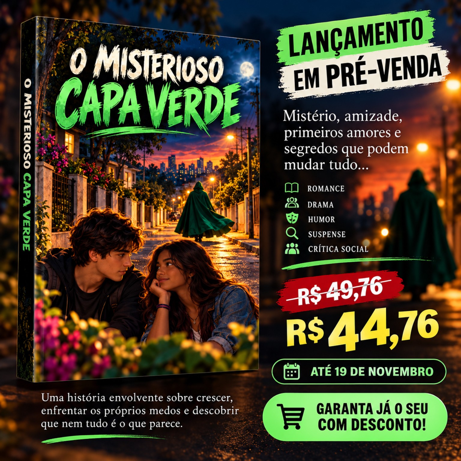 Cartaz de pré-venda do livro O Misterioso Capa Verde, preço promocional de R$ 44,76 até 19 de novembro